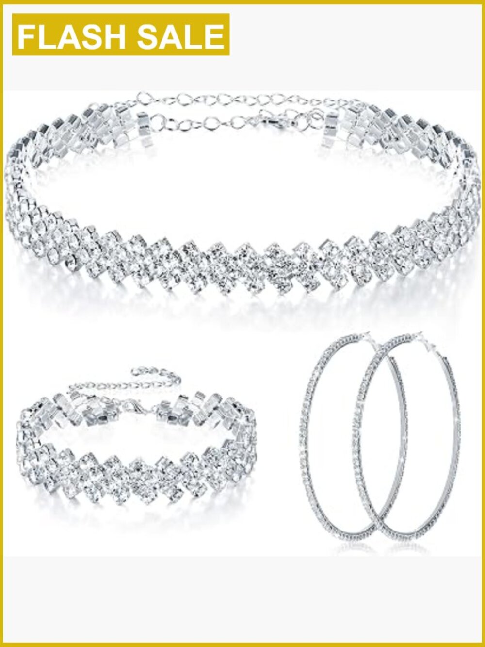 3pc Rhinestone Jewelry Set Choker Necklace Bracelet Hoop Earrings Wedding